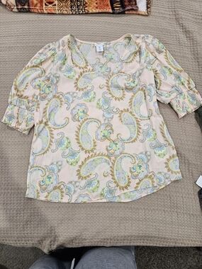 Source Unknown Peach Paisley Short Puff Sleeve Blouse